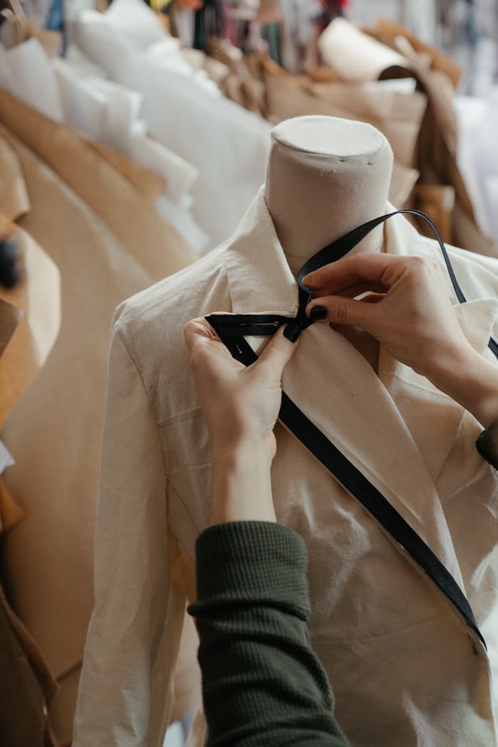 who-we-are Close-up of tailor adjusting a garment on a mannequin, symbolizing fashion design in a creative studio.