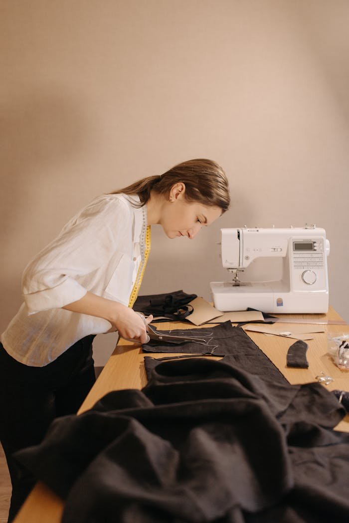 The Art of Drawing Readers In: Your attractive post title goes here Tailor skillfully cutting black fabric in a workshop with sewing machine on table.